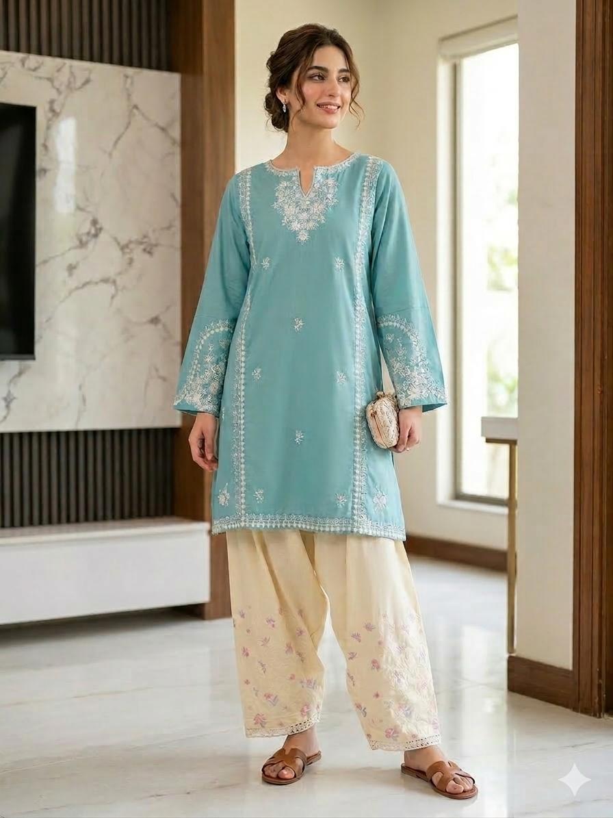 2 Piece – Embroidered Lawn Suit with Farshi Shalwar