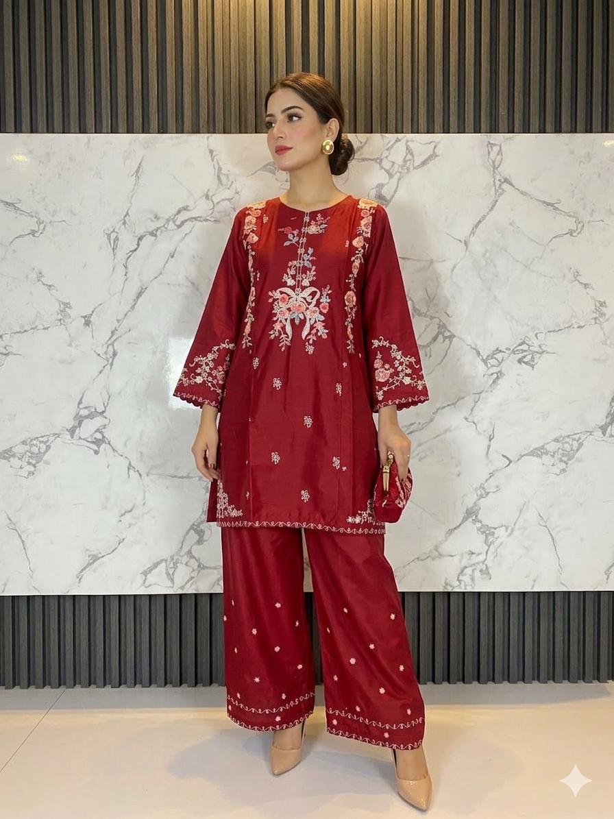 2 Piece – Embroidered Lawn Suit with Farshi Shalwar