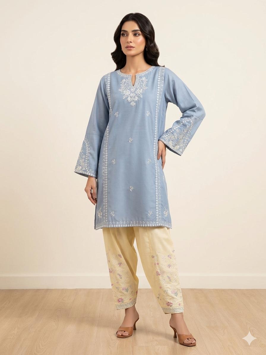 2 Piece – Embroidered Lawn Suit with Farshi Shalwar